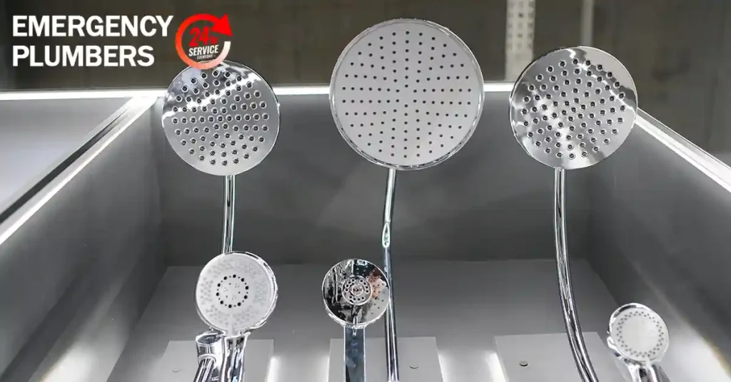 Display of various shower heads with an "Emergency Plumbers 24 Service" logo in the top left corner.