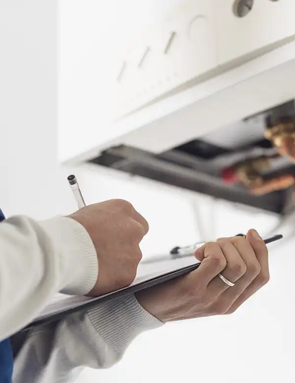 Person writing on a clipboard next to a hot water system, for maintenance or inspection purposes.