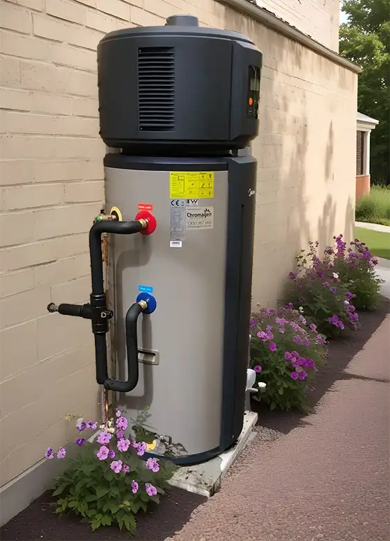 An electric hot water system installed outside on a concrete slab, next to a brick wall, with blooming flowers in the background.