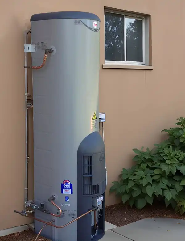 A grey, upright gas hot water system is installed against an exterior wall next to a partially shaded window, surrounded by green foliage.