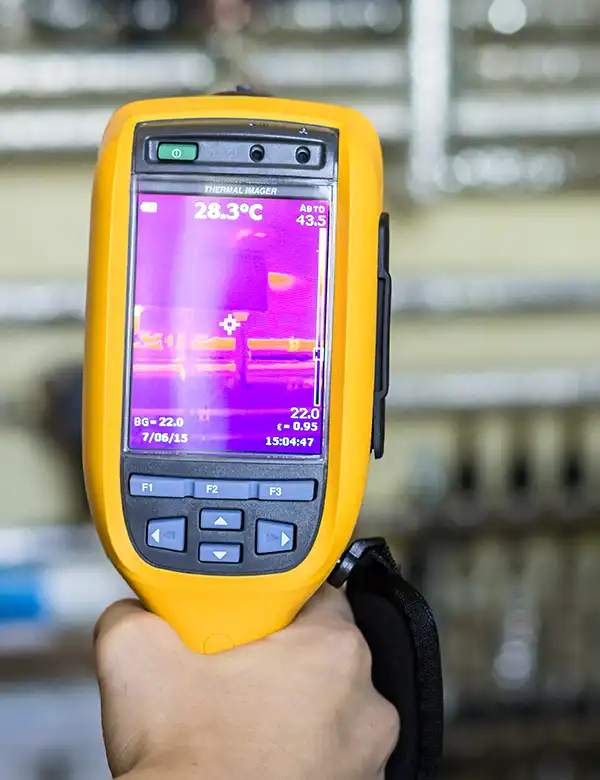 A hand is holding a yellow thermal imaging camera displaying a heat map on its screen, showing temperatures ranging from 22.0°C to 43.3°C. The background is blurred with visible pipes. The plumber is looking for leaks.