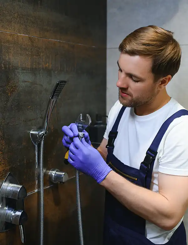 A plumber in work overalls and blue gloves is checking and repairing a showerhead flex hose and connector with a wrench.