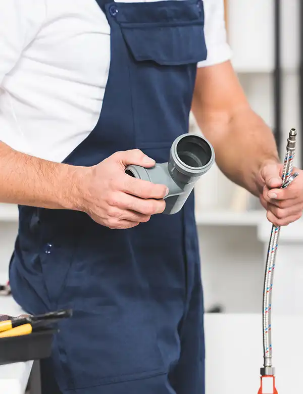 A plumber in blue overalls holding a grey pipe and a flexible metal hose in a work setting.